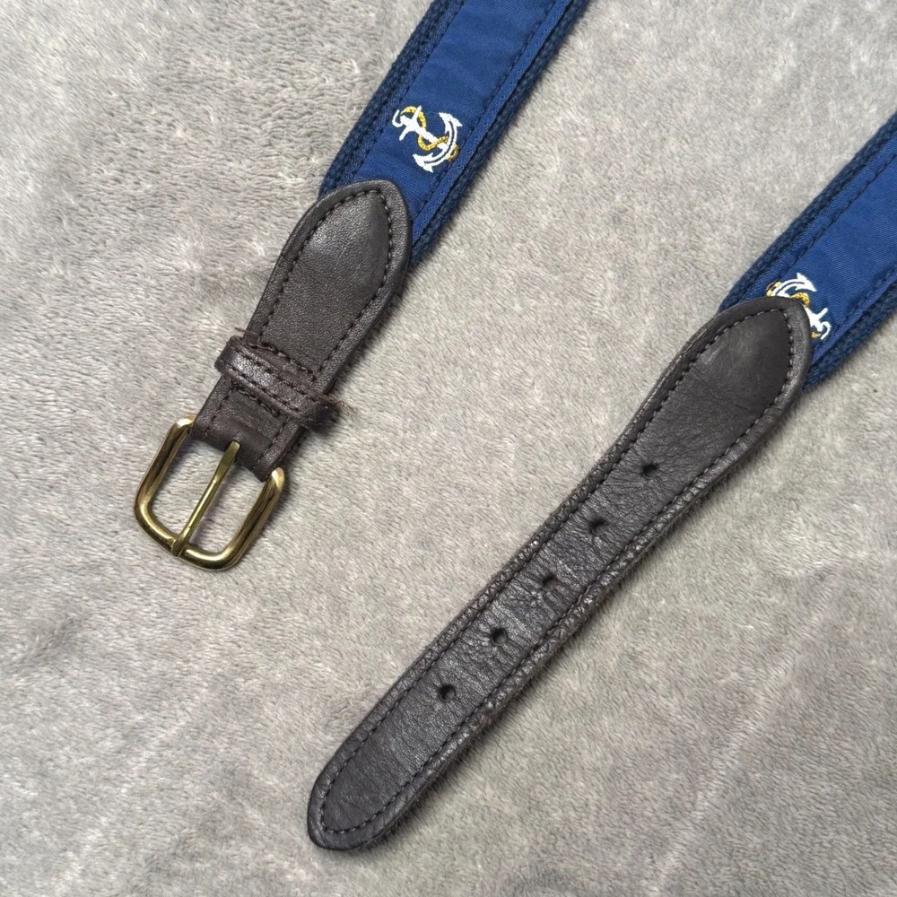 Men's Preppy Nautical Leather Canvas Belt Size 46 Blue Anchor Surcingle Sailing
